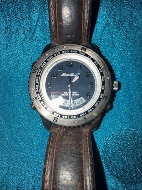 Eddie Bauer Dual-Display Watch with Brown Leather Strap and Black Dial